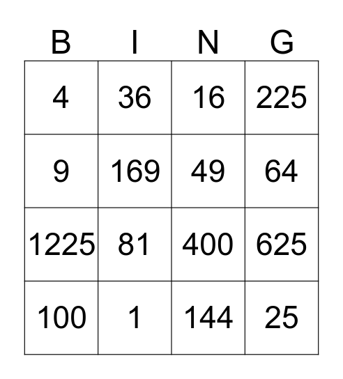 Tal i kvadrat Bingo Card