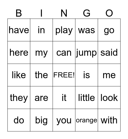 sight words Bingo Card