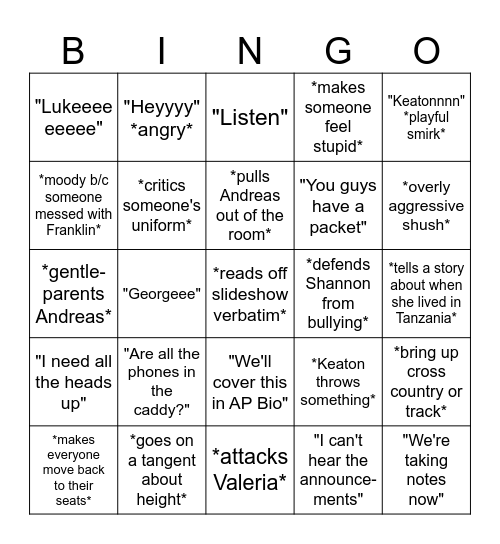 Bio Bingo Card