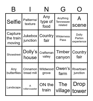 Dollywood photography bingo Card