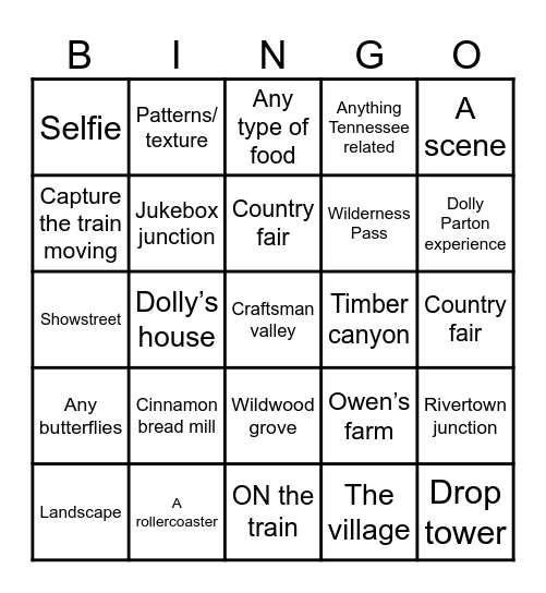 Dollywood photography bingo Card