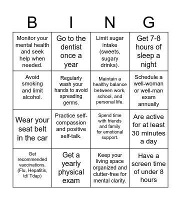 Preventative Care Bingo Card