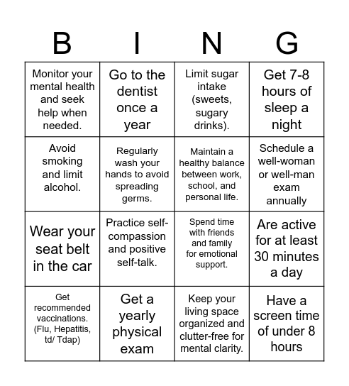 Preventative Care Bingo Card