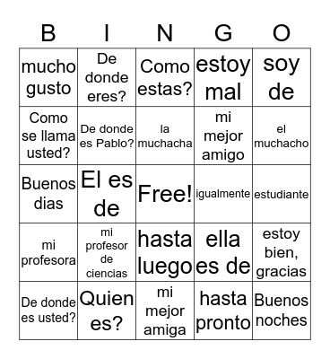 Spanish FOS Bingo Card