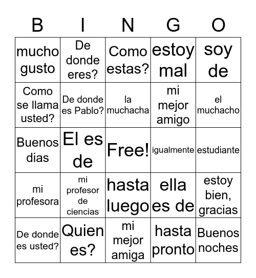 Spanish FOS Bingo Card