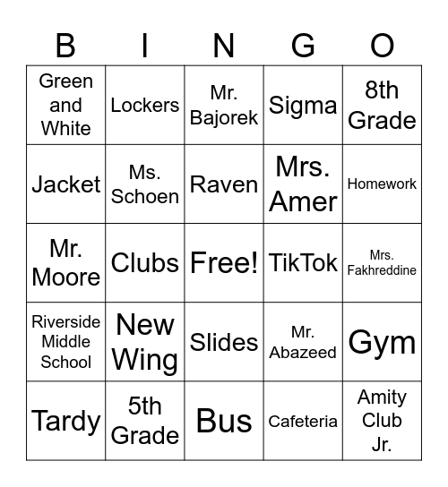 Riverside Middle School Bingo Card