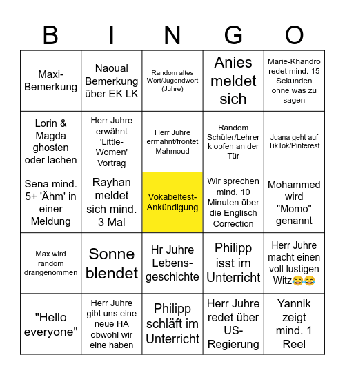 Englisch Bingo 03/18/2025 auf Herr Juhre Basis Bingo Card