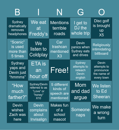 Roadtrip Bingo! Bingo Card
