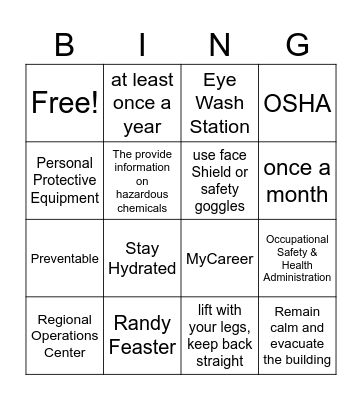 Safety Bingo! Bingo Card