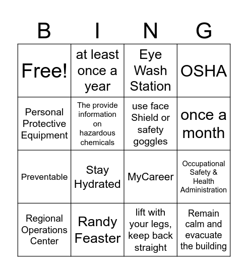 Safety Bingo! Bingo Card