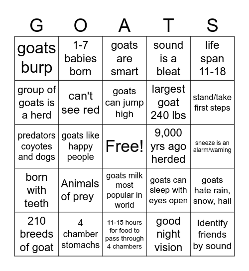 GOATS Bingo Card