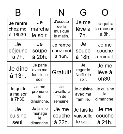 Les activités quotidiennes Bingo Card