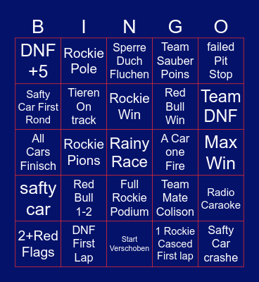 Formula 1 Bingo Card
