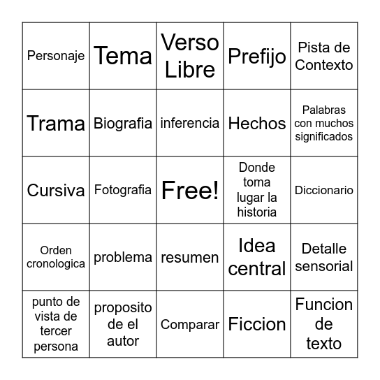 BINGO Vocabulario de Lectura Bingo Card