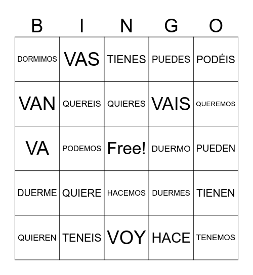 Verbos Bingo Card