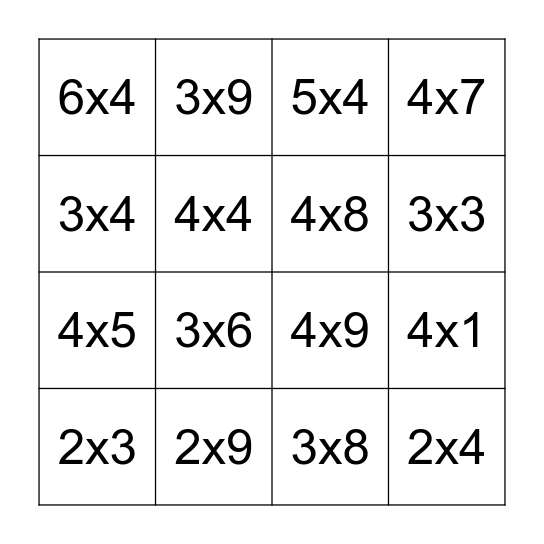 Träna multiplikationstabell bingo Card