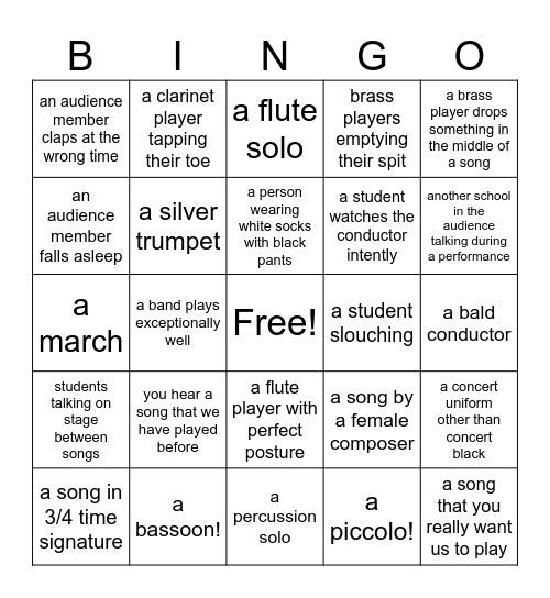 Band Festival Bingo Card