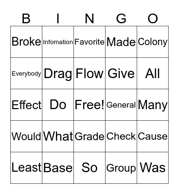 Sight Words Bingo Card