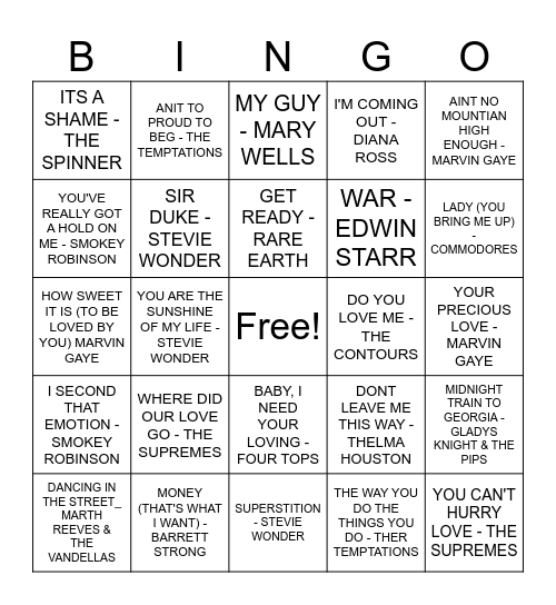 MOTOWN HITS (2) Bingo Card