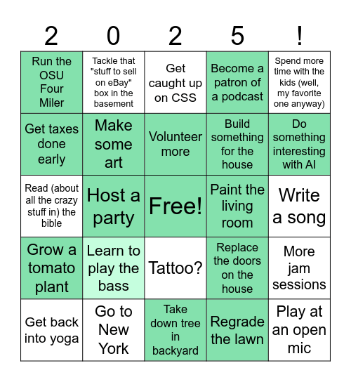 Jonny's 2025 Bingo Card Bingo Card