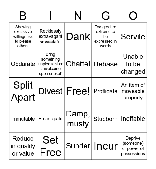 Unit 3, List C Bingo Card