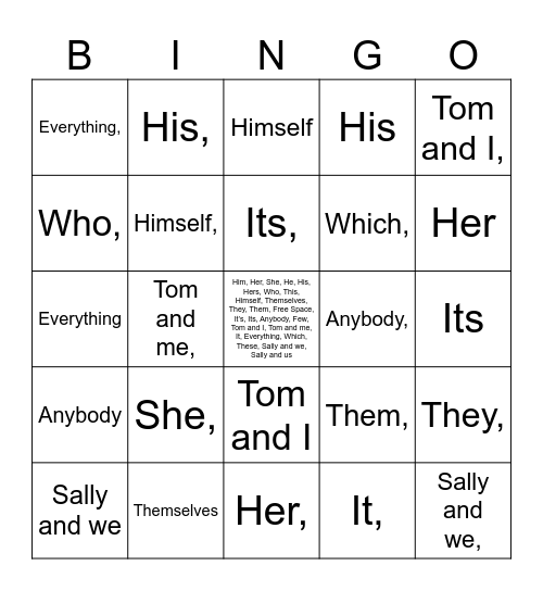 Pronoun Review Bingo Card