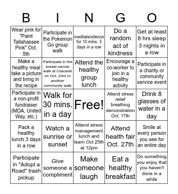 Health and Wellness Challenge Bingo Card
