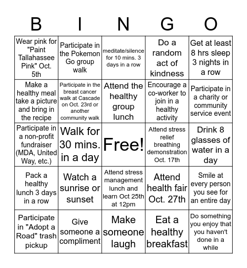 Health and Wellness Challenge Bingo Card