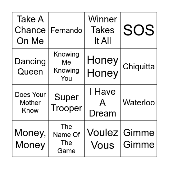 Mama Mia Music Bingo Card