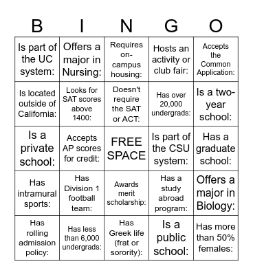 College Fair Bingo Card