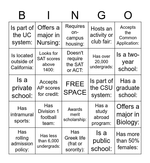 College Fair Bingo Card