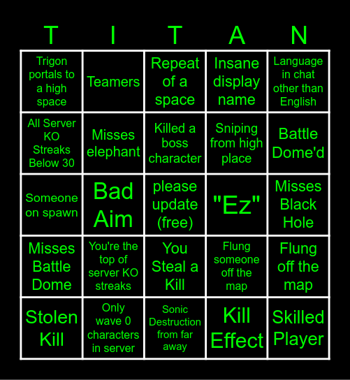 Teen Titans Battlegrounds Bingo Card