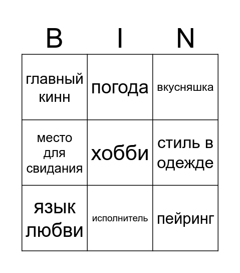 Саппорт как любимая вещь Bingo Card
