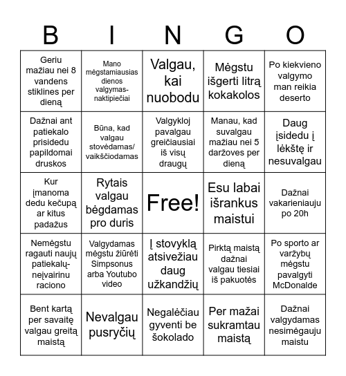 Valgymo įpročiai, kuriuos galima pakeisti Bingo Card