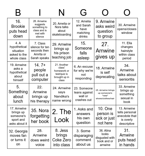 English Class Bingo Card