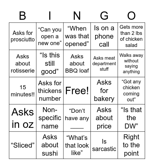 Deli costumer bingo Card
