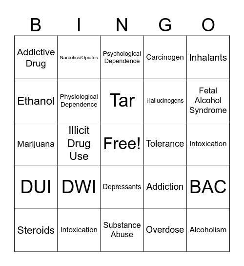 Drugs & Alcohol Edition Bingo Card