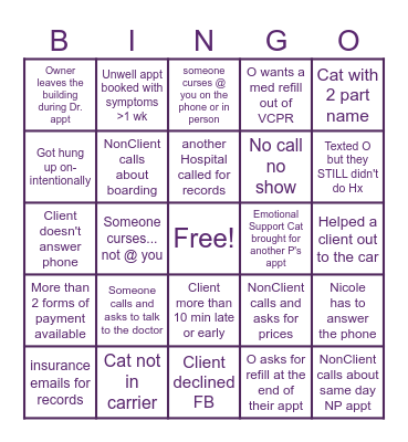 Veterinary Receptionist Week Bingo Card