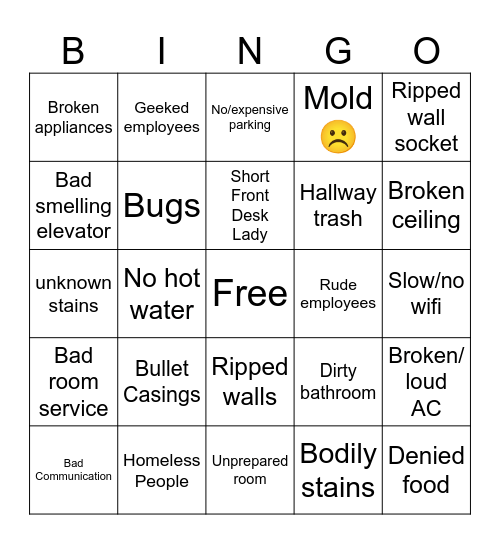 Hotel Review Bingo Card