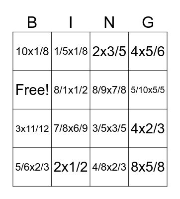 Multiplication Fraction Bingo Card