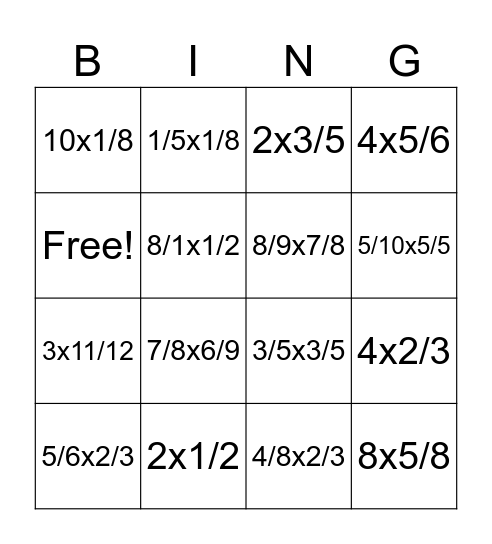 Multiplication Fraction Bingo Card