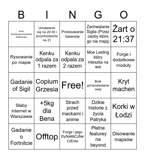 Inifity DND Bingo Card