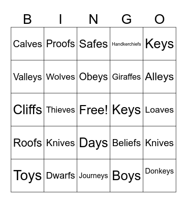 Bingo Plurals Bingo Card