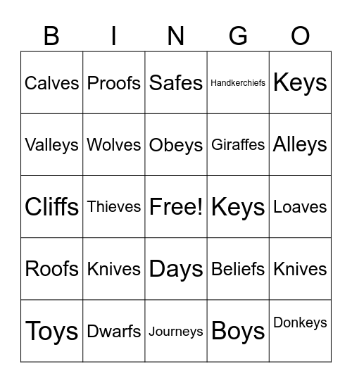 Bingo Plurals Bingo Card