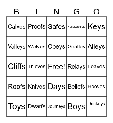 Bingo Plurals Bingo Card
