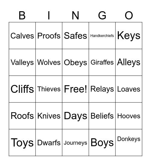 Bingo Plurals Bingo Card