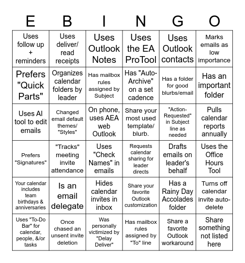 EA Outlook Bingo Card