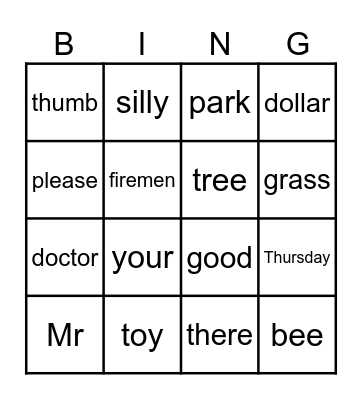 Stage 6 Heart Words Bingo Card