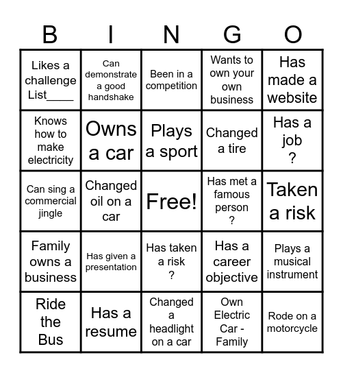 ZEV Bingo Card