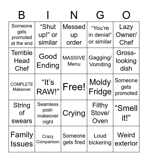 Kitchen Nightmares Bingo Card